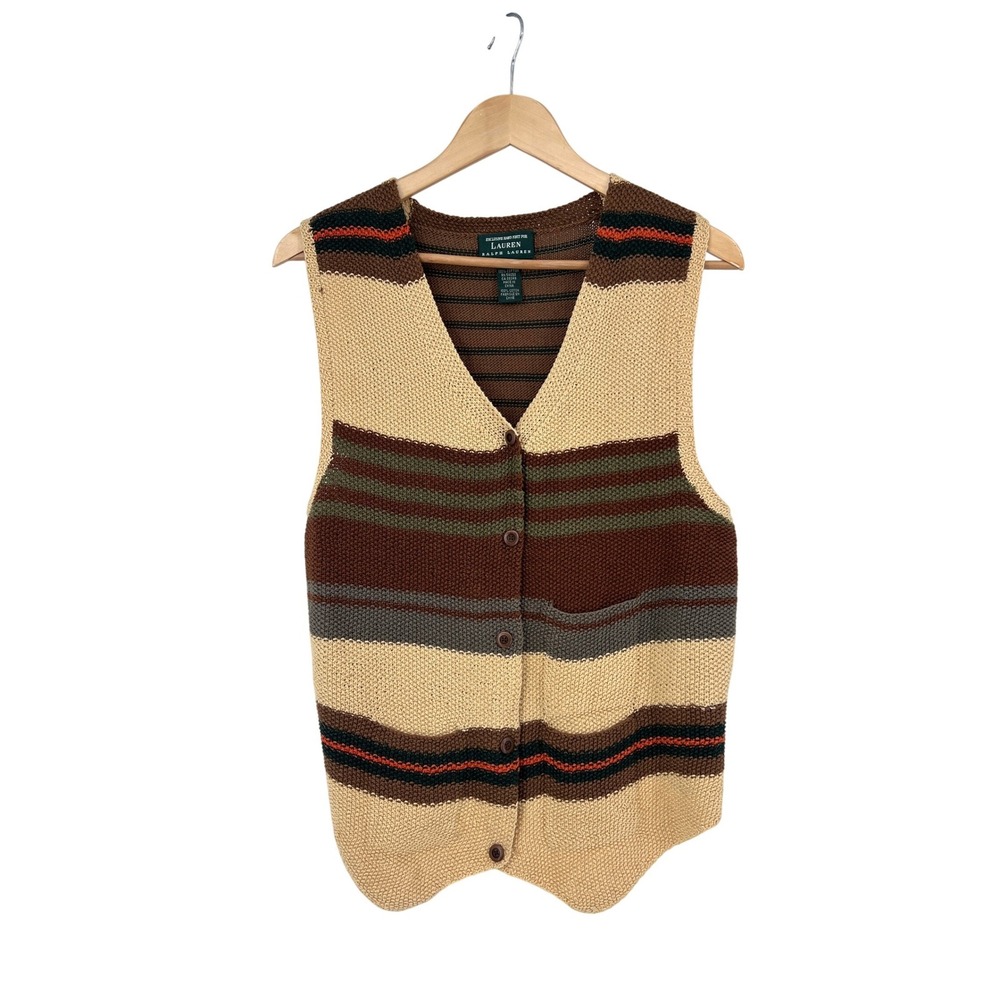 Lauren Ralph Lauren Knit Cotton Striped Sweater Vest Earth Tones M